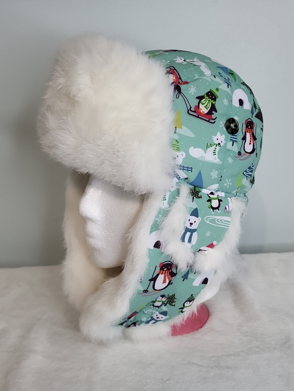 Mad Bomber Winter Trapper Hat with Rabbit Fur - Mint Penguin Print